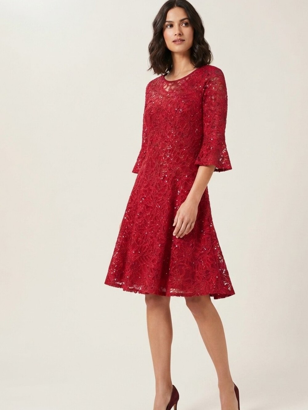Red Lace Fit & Flare Dress - Women's Elegant Party Dress